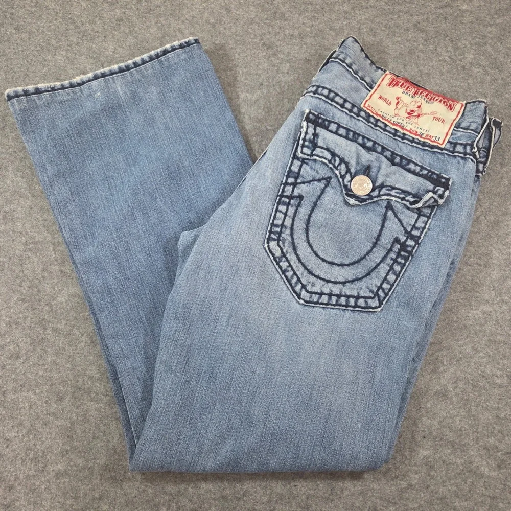 True Religion Billy Super T Jeans Mens 36 Made USA Light Wash Flap Bootcut Y2K